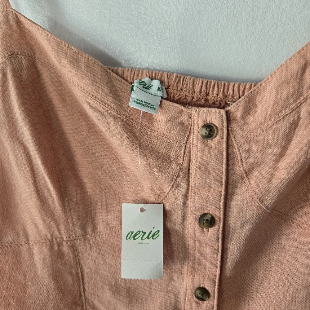 NEW Aerie Linen Blend Button Down Smocked Back Sun Dress Size Medium
